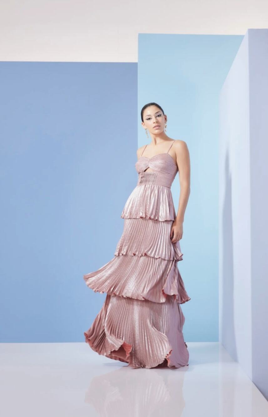 Dress the Population Zahrah Rose Pink Tiered Pleated Satin Evening Gown Size L